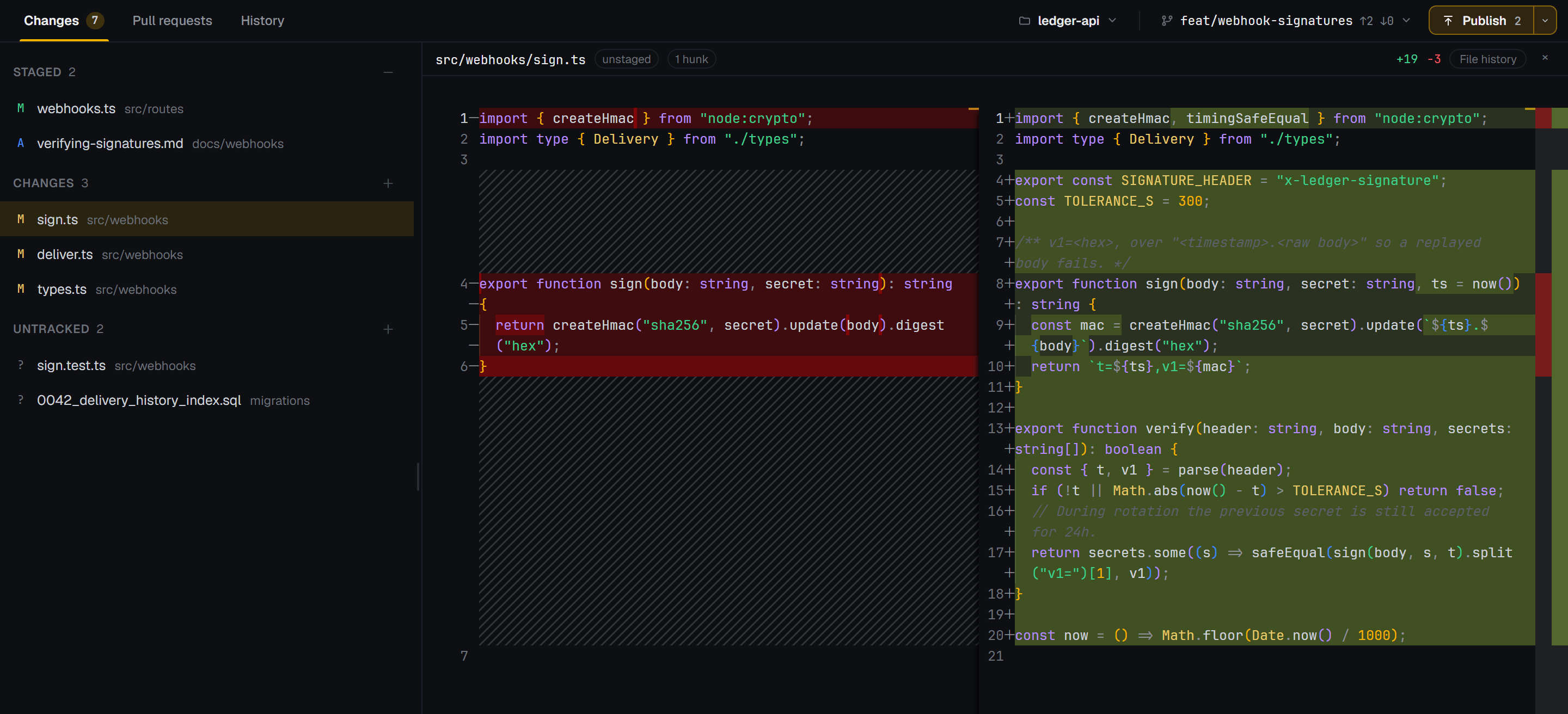 Git window: Changes with a side by side diff