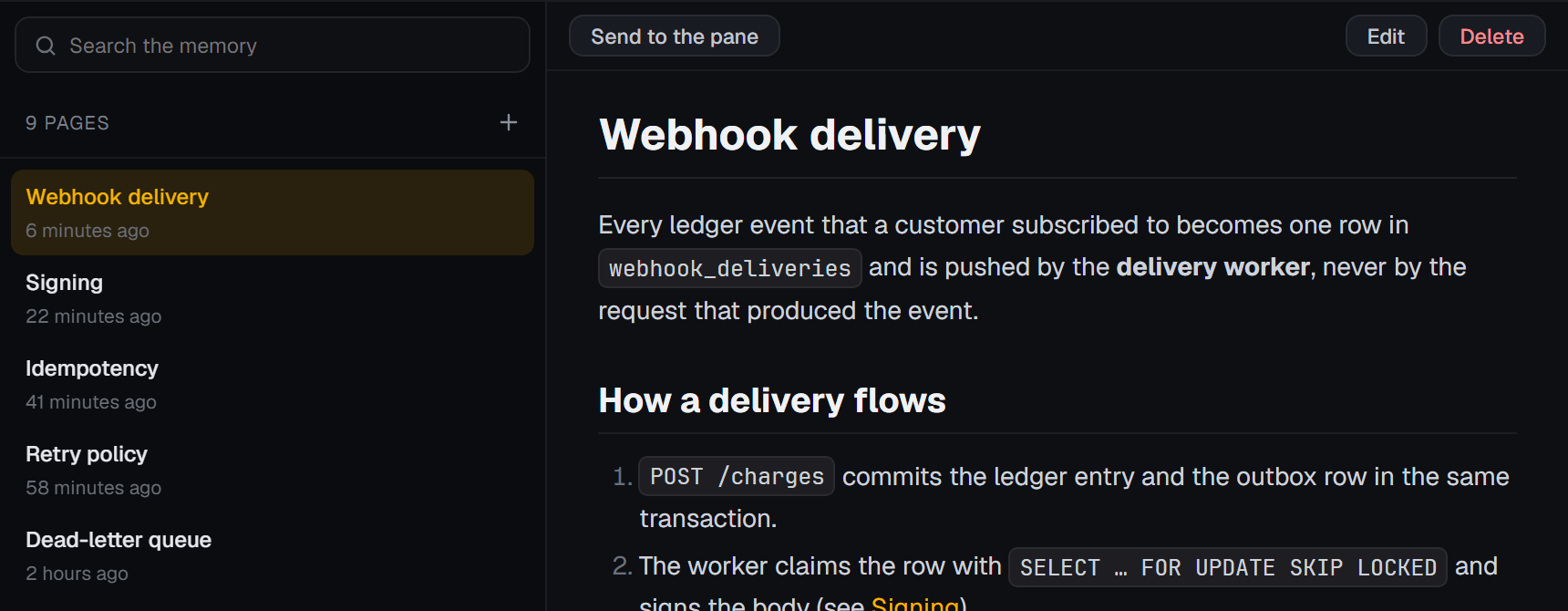 Memory window: the Webhook delivery page of ledger-api