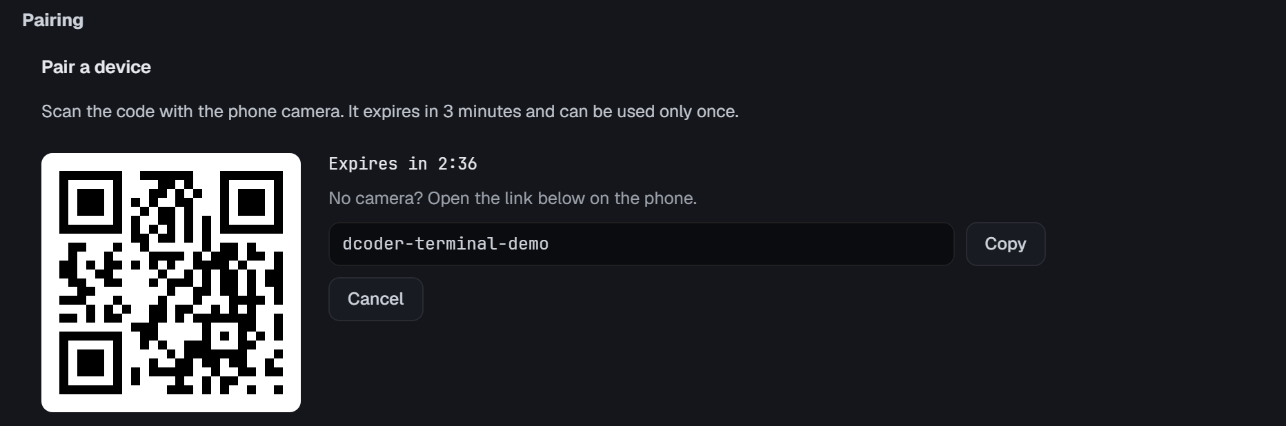 Remote access settings: pair a device with a QR code