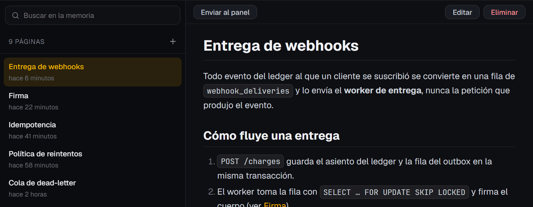 Ventana Memoria: la página Webhook delivery de ledger-api