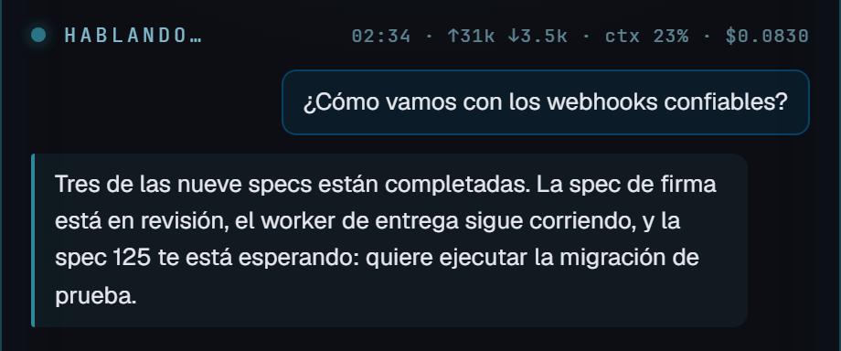 Modo conversación: la app responde cómo van los webhooks confiables