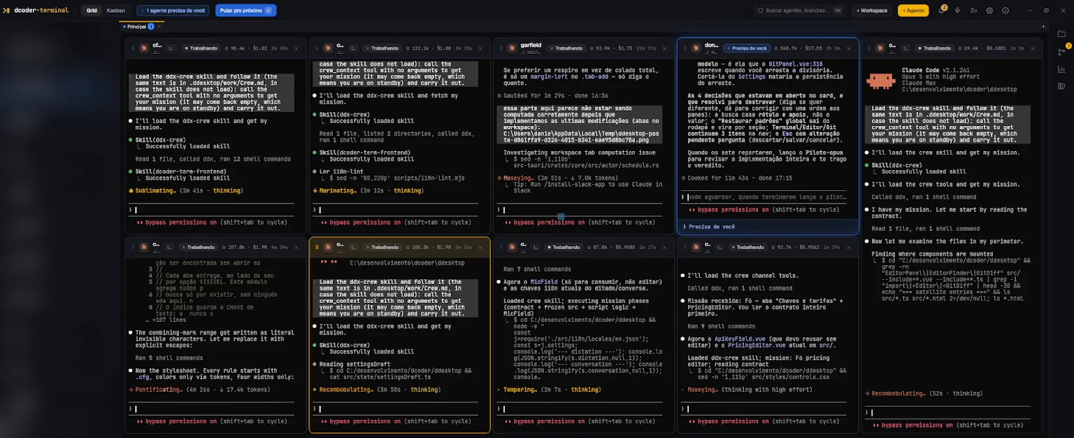 The dcoder-terminal grid with agent panes working side by side, tokens and cost in every header.