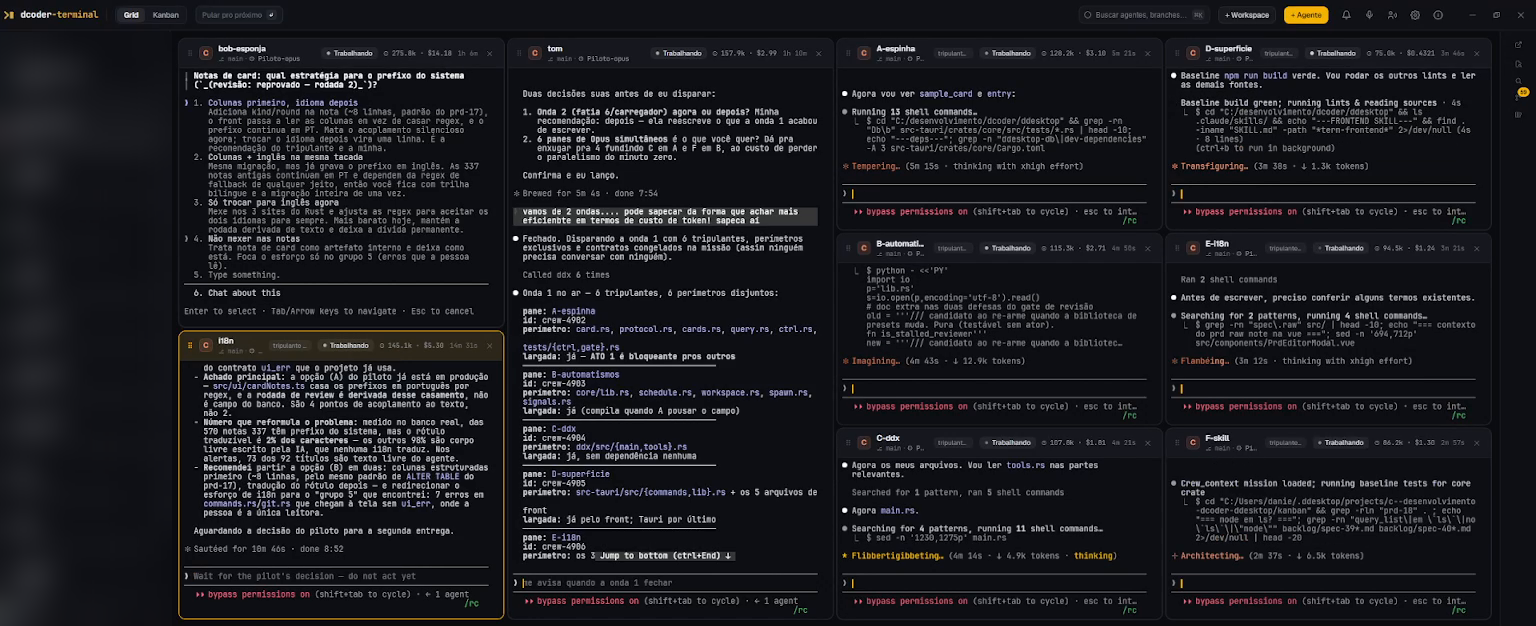 Grid of agent panes with tokens and cost in every header.