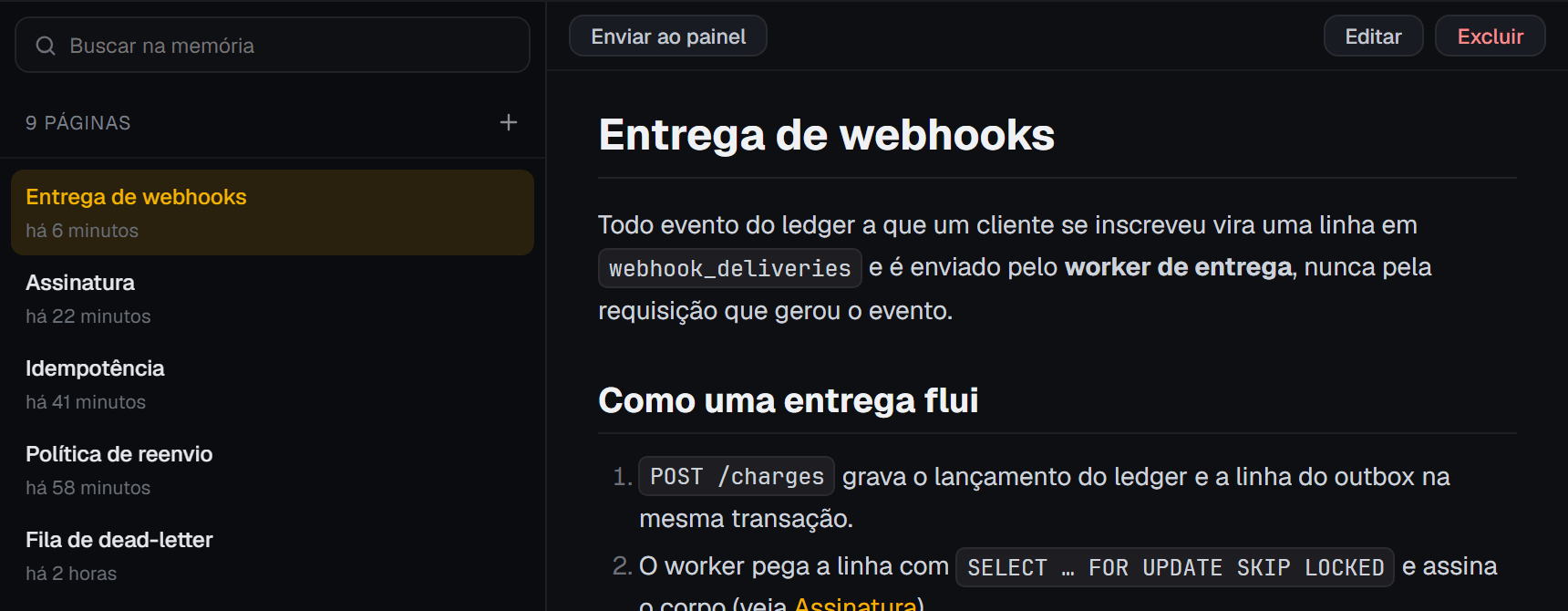 Janela Memória: a página Webhook delivery do ledger-api
